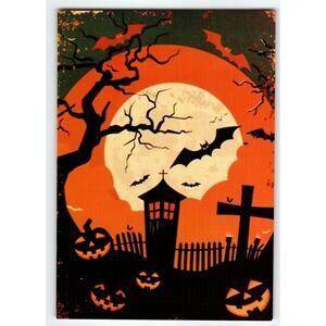 Vintage Halloween Photochrome Postcard with Full Moon & Jack-O'-Lanterns
